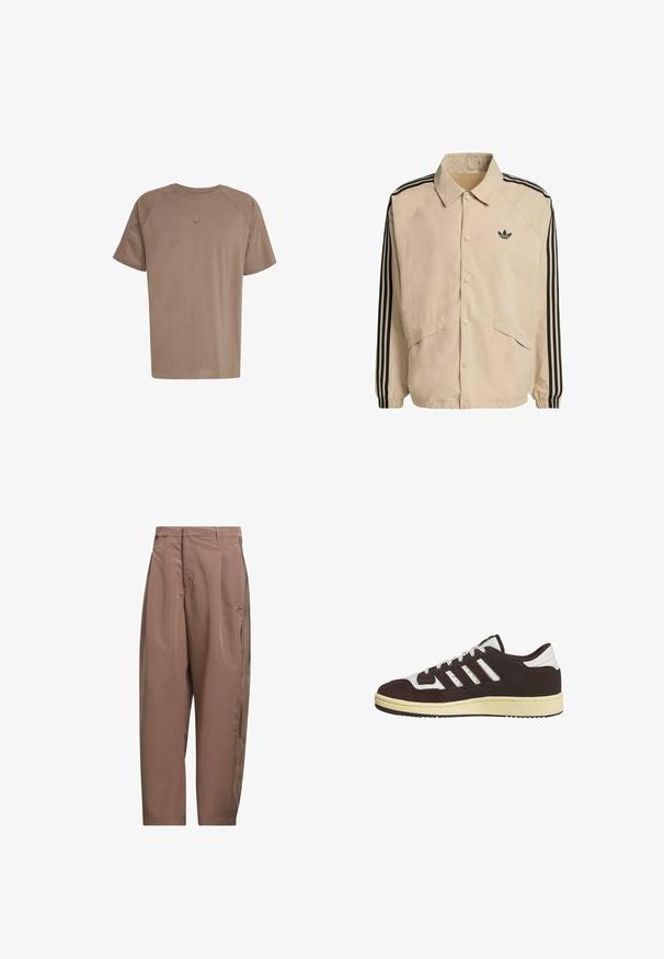 Beige jakke med sorte side-striber, trykknapper og to forlommer; har en spidse krave og et broderet logo på brystet.; adidas Originals TEE - T-shirts basic - earth strata; Brune løstsiddende træningsbukser med striber i siden og et lille broderet logo på det øverste lår, med bæltestropper og skjult forreste lukning.; Sort-hvid Adidas sneaker med lavt skaft, ruskindsdetaljer, tre striber på siden, hvide snørebånd og beige gummisål.