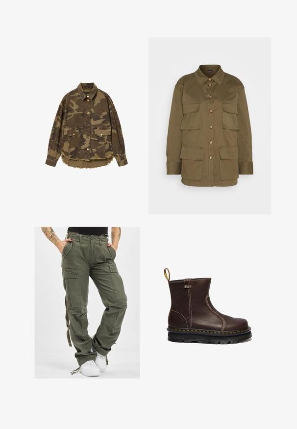 Bruine en groene camouflagejack met knopen, twee voorzakken met klep en een gerafelde zoom.; Gina Tricot CARGO SHIRT - Overhemdblouse - khaki green; Olijfgroene cargobroek met meerdere zakken, een taille met trekkoord en een relaxte pasvorm. De stof heeft een zachte textuur en een stevige, duurzame uitstraling.; Bruine leren enkelboot met een gladde textuur, contrasterende gele stiksels en een dikke zwarte rubberen zool. Voorzien van een aantrektong aan de achterkant.
