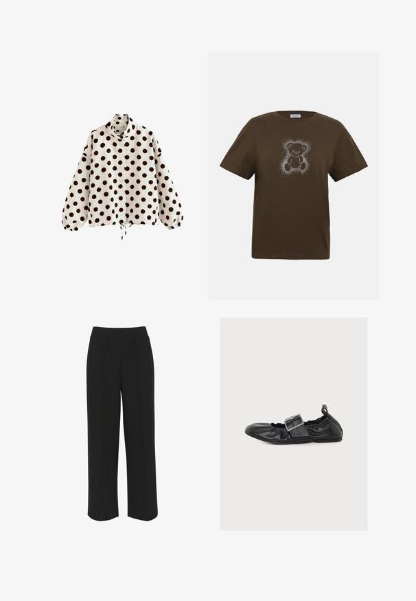 Weiße Bluse mit langen Ärmeln und schwarzen Polka-Dots, hohem Kragen, elastischen Bündchen und Kordelzug am Saum.; Braunes T-Shirt mit kurzen Ärmeln und einem weißen gepunkteten Teddybär-Design, das mittig auf der Brust aufgedruckt ist, einfarbiger Hintergrund.; Schwarze weite Hose mit flachem Bund, ausgestattet mit vorderen Falten und einer glatten Textur. Keine sichtbaren Taschen oder Beschläge.; Schwarzer flacher Lederschuh mit großer silberner Schnalle und elastischen Seiten auf schlichtem weißen Hintergrund.