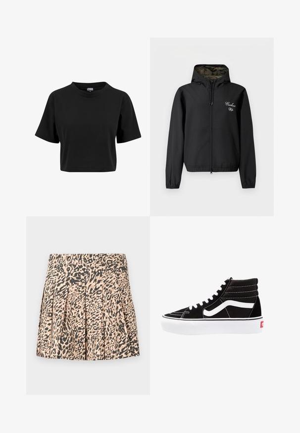 Veste noire légère avec capuche, poignets et ourlet élastiques. Comprend une fermeture éclair et des poches avant. Doublure intérieure à motif camouflage.; T-shirt noir court en coton, avec un col rond et des manches courtes, présentant une texture lisse et unie sans graphiques visibles.; Jupe à imprimé léopard avec des plis, fabriquée dans un matériau léger, dans des nuances de beige et de marron, avec une taille élastique en haut.; Baskets montantes noires avec des lacets blancs, un logo blanc et des coutures blanches contrastées. Dotées d'une épaisse semelle blanche et d'un dessus en daim texturé.
