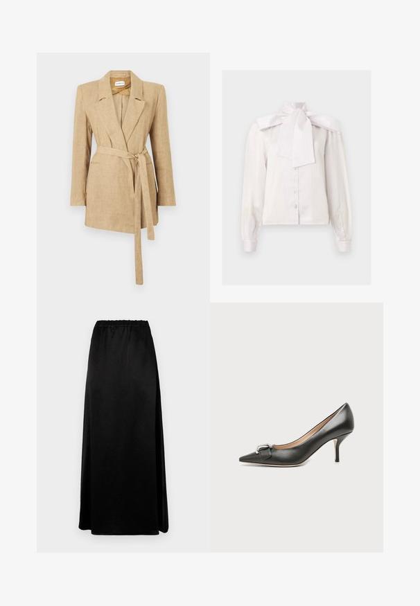Beige hør dameblazer med reverskrave, lange ærmer, forlommer og et stofbælte bundet i taljen.; Hvid langærmet bluse med knapper og diskrete lodrette striber samt en stor sløjfedetalje ved den høje hals.; Lang sort nederdel med en glat, krøllet tekstur og en elastisk talje. Har en sideslids for nem bevægelse og en strømlinet silhuet.; Sort læder højhælet sko med spids tå, stiletthæl af mellem højde og sølvspænde foran, vist på en ensfarvet lys baggrund.