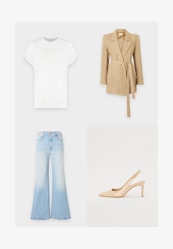 Blazer beige de lino para mujer con cuello con solapas, mangas largas, bolsillos de vivo delanteros y cinturón de tela anudado en la cintura.; Top de punto blanco de manga corta con cuello redondo, que presenta una textura suave y un sutil detalle de costura en la parte delantera.; Vaqueros de mezclilla azul claro de talle alto con piernas acampanadas anchas, cierre frontal con botones y bolsillos delanteros y traseros.; Tacón slingback de charol nude con punta afilada, empeine abierto y un delgado tacón stiletto. Presenta un acento dorado circular en la correa.