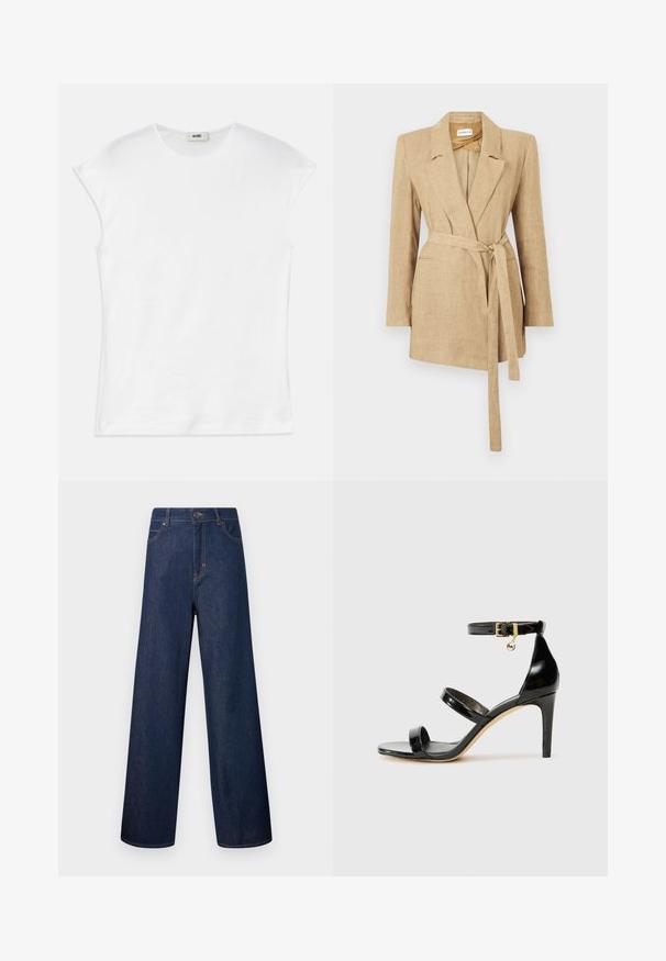 Beige linnen damesblazer met reverskraag, lange mouwen, voorste bieszakken en een stoffen riem gestrikt in de taille.; Witte T-shirt met korte mouwen van katoen. Het heeft een ronde halslijn en een gladde, zachte textuur met een ontspannen pasvorm. Geen patronen of accenten.; Donkerblauwe jeans met wijde pijpen, voorzijde met knoop- en ritssluiting, voor- en achterzakken, en oranje stiksels.; Zwarte gepatineerde leren sandaal met drie banden, enkelgesp en 10 cm hoge stiletto hak. Bevat gouden hardwaredetails en een logo charm.