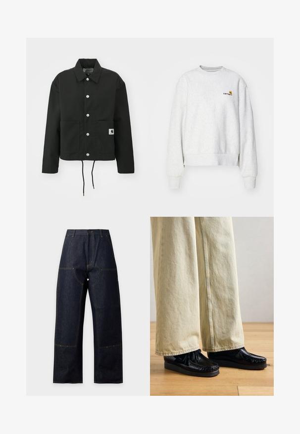 Zwarte cropped jas gemaakt van duurzaam materiaal. Heeft een klassieke kraag, zilveren drukknoopsluitingen, twee voorzakken en een verstelbare trekkoordzoom.; Grijze crewneck sweatshirt van een zachte stof met geribbelde manchetten en onderrand; voorzien van een geborduurd logo op de borst in geel en bordeauxrood.; Donkerblauwe wijde spijkerbroek met hoge taille, zichtbare gele stiksels, knoopsluiting aan de voorkant en grote opgestikte voorzakken.; Zwarte gepatineerde leren schoenen met een gestructureerde zool, voorzien van een vetersluiting en stiksels. Draagt met lichtbeige wijde broek.