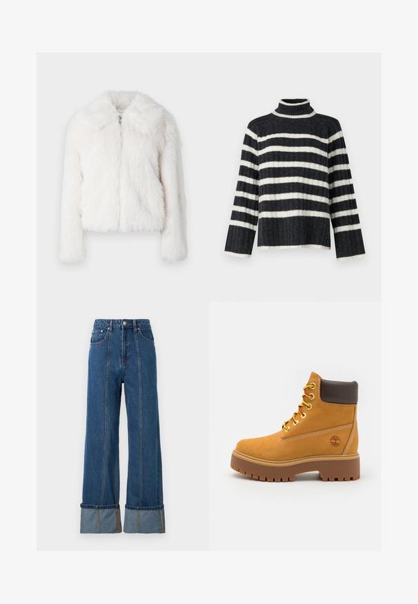 Hvid kunstpelsjakke med en blød, fluffy tekstur, cropped design og bred krave. Har en frontlynlås og lange ærmer.; Sort-hvid striped turtleneck sweater med en løs pasform, ribbet tekstur og lange ærmer. Har en høj krave og vandrette striber.; Blå jeans med højtaljet pasform og vidde ben, med kontrasterende denim-manchetter, synlige sømme og forlommer.; Tan vandtæt ankelstøvle med en robust gummisål, rund tå, brun læderkrave, gule snørebånd og et logo på siden.