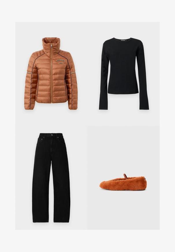 Brun puffjakke med høj krave, quiltet tekstur, kontrasterende marineblå syninger og et logo-patch på brystet. Lynlås foran.; Sort tætsiddende langærmet t-shirt med rund hals og lige kant samt glat stof, vist mod en ensartet lys baggrund.; Sorte denim brede benjeans med høj talje, der har en frontknaplukning, lommer og en glat, mat tekstur.; Rustfarvet, fuzzy slip-on sko med en tynd rem over toppen og en sort sål, vist fra siden på en hvid baggrund.