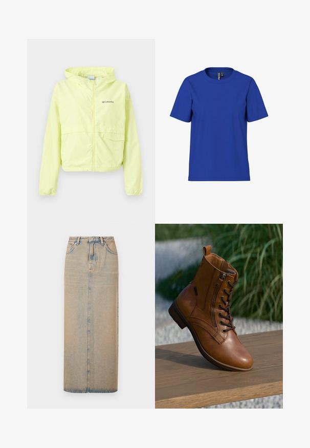Lichtgele Columbia capuchon windjack met ritssluiting aan de voorkant en twee zakken, weergegeven op een witte achtergrond.; Effen koningsblauw T-shirt met korte mouwen en ronde hals, casual fit met zichtbare kledinglabels aan de binnenkant van de halslijn.; Een lange denimrok in lichtblauw met een rechte snit. Heeft vijf zakken, riemlussen en een sluiting met knopen aan de voorkant. Vervaagde textuur overal.; Bruine leren enkellaars met zijrits en veters, geplaatst op een houten oppervlak buiten met vervaagde groene achtergrond.