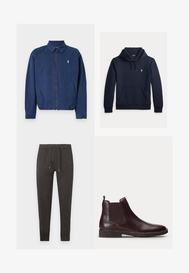 Marineblaue Jacke mit Reißverschluss und Kragen, zwei Vorderentaschen, elastischem Saum und kleinem weißen Logo auf der linken Brust.; Dunkel marineblauer Kapuzenpullover mit vorderer Kängurutasche, Kapuzenkordel, langen Ärmeln und kleinem weißen Polo Ralph Lauren Logo auf der Brust.; Dunkelgraue Jogginghose aus weichem Material, ausgestattet mit einem elastischen Bund mit Kordelzug, zulaufenden Beinen und Bündchen am Knöchel.; Dunkelbrauner Leder Chelsea-Stiefel mit elastischem Seitenpaneel und niedrigem Absatz, im Profil vor weißem Hintergrund gezeigt.