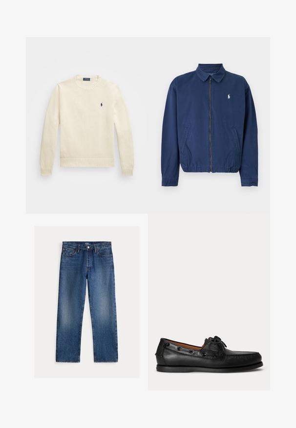 Marineblaue Jacke mit Reißverschluss und Kragen, zwei Vorderentaschen, elastischem Saum und kleinem weißen Logo auf der linken Brust.; Cremefarbener Strickpullover mit Rundhalsausschnitt, geripptem Saum und Bündchen, ausgestattet mit einem kleinen marineblauen Logo auf der linken Brust.; Straight-leg blaue Jeans mit ausgewaschenen Details, fünf Taschen, Gürtelschlaufen und Knopf- und Reißverschlussverschluss, Polo Ralph Lauren Etikett innen.; Schwarzer Ledermokassin mit Schnürdetail und flacher Gummisohle, seitlich auf hellem Hintergrund gezeigt.