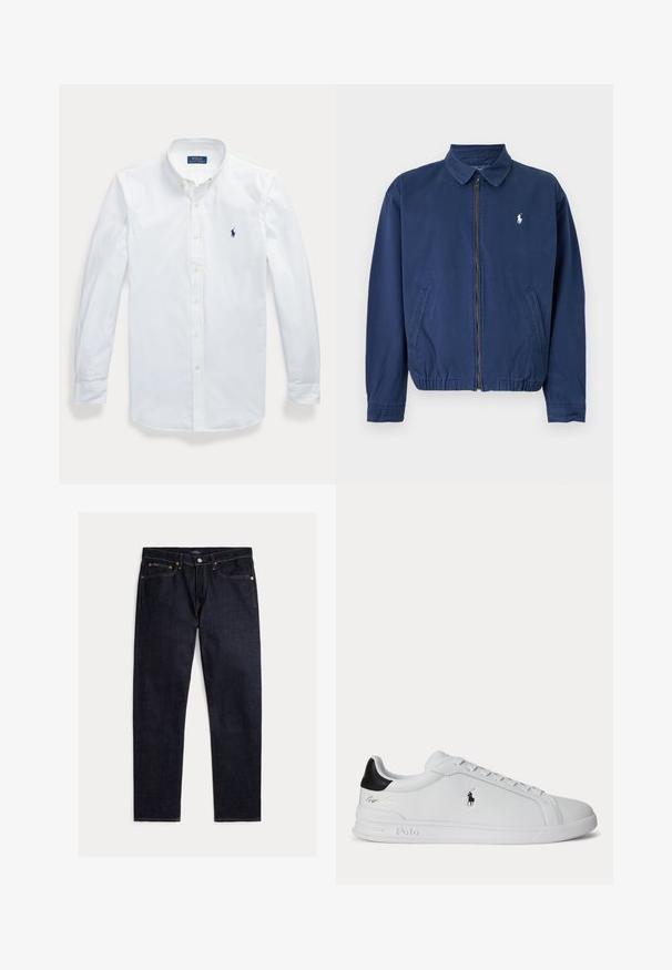 Marineblaue Jacke mit Reißverschluss und Kragen, zwei Vorderentaschen, elastischem Saum und kleinem weißen Logo auf der linken Brust.; Weißes, langärmeliges Hemd mit Knopfleiste und Kragen, Polo Ralph Lauren-Logo auf der linken Brust gestickt.; Dunkel indigoblaue Jeans mit geradem Bein, fünf Taschen, Knopf- und Reißverschluss und kontrastierenden orangen Nähten auf einfarbigem Hintergrund.; Weißer Sneaker mit niedrigem Schaft, schwarzem Fersenlasche, Schnürsenkeln und Polo Ralph Lauren Logo an der Seite, mit geprägten Sohlen-Details.