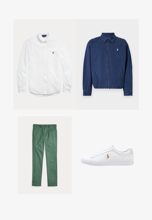 Veste bleu marine à fermeture éclair avec col, deux poches avant, ourlet élastique et petit logo blanc sur la poitrine gauche.; Chemise blanche à manches longues avec boutons, col boutonné et petit logo Polo Ralph Lauren foncé sur la poitrine gauche.; Pantalon vert droit pour homme avec poches avant, passants de ceinture et fermeture par bouton, présenté à plat sur fond blanc.; Baskets en toile blanches avec un design basse, présentant un onglet de talon beige et un petit logo brodé sur le côté. Semelle en caoutchouc.