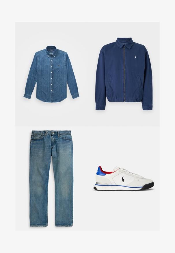 Laivastonsininen vetoketjullinen takki kauluksella, kahdella etutaskulla, joustavalla helmalla ja pienellä valkoisella logolla vasemmassa rinnassa.; Denim-paita, jossa on pitkät hihat, nappikaulus ja hienovarainen pystyraitakuositus, keskitummansinisessä värissä logoteemalla.; Vaaleansiniset farkut suorilla lahkeilla, joissa on viisi taskua, nappikiinnitys ja hillitty haalistuma tekstuurin lisäämiseksi.; Valkoinen lenkkari, jossa on sileä nahka- ja tekstiilipäällinen, sinisiä ja punaisia korostuksia, musta pohja ja pieni logo sivulla.