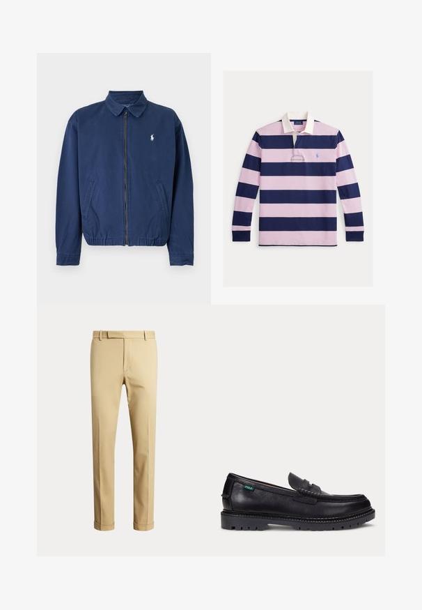 Marineblauwe jas met rits en kraag, twee voorzakken, elastische zoom en klein wit logo op de linkerborst.; Polo met lange mouwen met brede horizontale strepen in marineblauw en lichtroze. Witte kraag, geborduurd logo op de borst. Gemaakt van katoen.; Beige op maat gemaakte herenbroek met riemlussen en omgeslagen pijpen, getoond tegen een effen lichte achtergrond.; Zwarte leren loafer met dikke geprofileerde zool en klein groen "Polo" label aan de buitenkant bij de hiel.