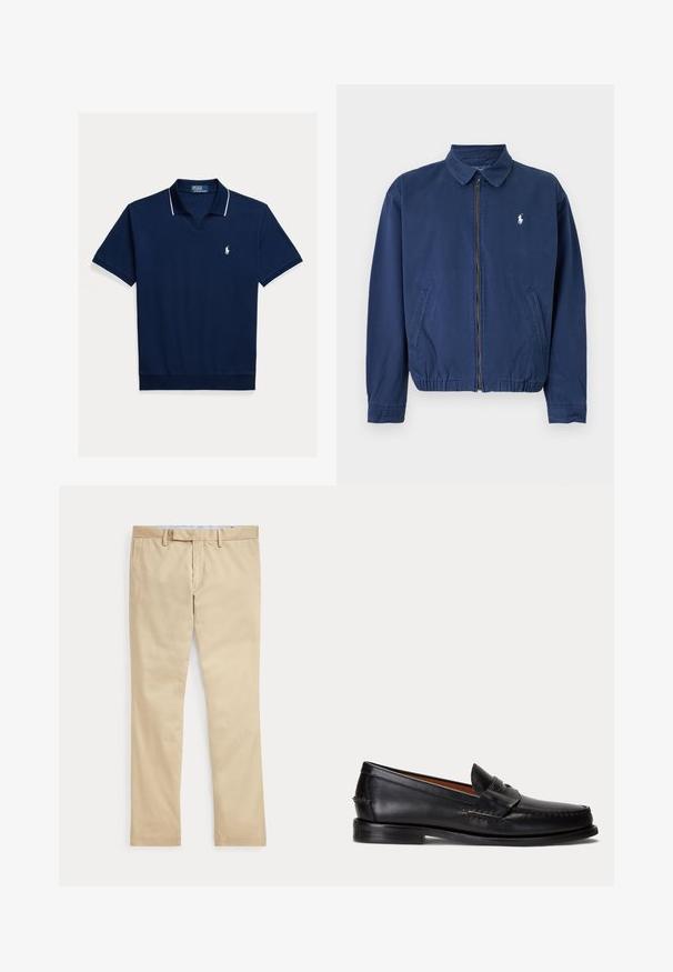 Marineblaue Jacke mit Reißverschluss und Kragen, zwei Vorderentaschen, elastischem Saum und kleinem weißen Logo auf der linken Brust.; Marineblaues Poloshirt aus Baumwolle, mit V-Ausschnitt, kurzen Ärmeln, weißem Besatz am Kragen und an den Ärmeln sowie einem kleinen Logo auf der Brust.; Beige gerade Hose mit Gürtelschlaufen und einem vorderen Reißverschluss, flach auf weißem Hintergrund gelegt.; Schwarzer Lederloafer mit niedrigem Absatz und Pennyriemendetail, von der Seite auf hellgrauem Hintergrund gezeigt.