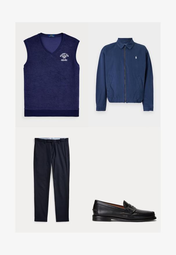 Marineblaue Jacke mit Reißverschluss und Kragen, zwei Vorderentaschen, elastischem Saum und kleinem weißen Logo auf der linken Brust.; Seegrüne ärmellose Poloshirt aus Frottee-Material; verfügt über einen V-Ausschnitt, gerippten Kragen und ein weißes Logo mit Tennisschlägern.; Marineblaue Herrenhose mit Gürtelschlaufen, Reißverschluss und Seitentaschen, flach auf weißem Hintergrund ausgelegt.; Schwarzer Lederloafer mit niedrigem Absatz und Pennyriemendetail, von der Seite auf hellgrauem Hintergrund gezeigt.