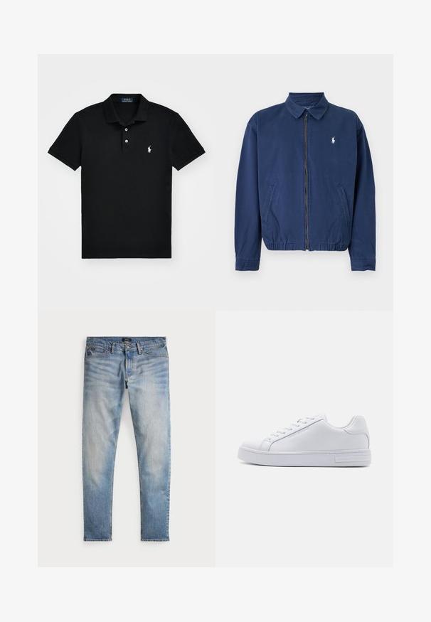 Marineblaue Jacke mit Reißverschluss und Kragen, zwei Vorderentaschen, elastischem Saum und kleinem weißen Logo auf der linken Brust.; Schwarzes Poloshirt aus Baumwolle mit einem klassischen Kragen, einer Drei-Knopf-Leiste, kurzen Ärmeln und einem weißen Logo auf der linken Brust.; Helle blaue Denim-Jeans mit einem ausgewaschenen Finish, Fünf-Taschen-Design und kontrastierenden Nähten. Mit Reißverschluss und Gürtelschlaufen. Gerade geschnitten.; Weiße Ledersneaker mit glatter Textur, runder Zehenform, Schnürung vorne und flacher Gummisohle. Mit eingeprägtem Branding an der Ferse.