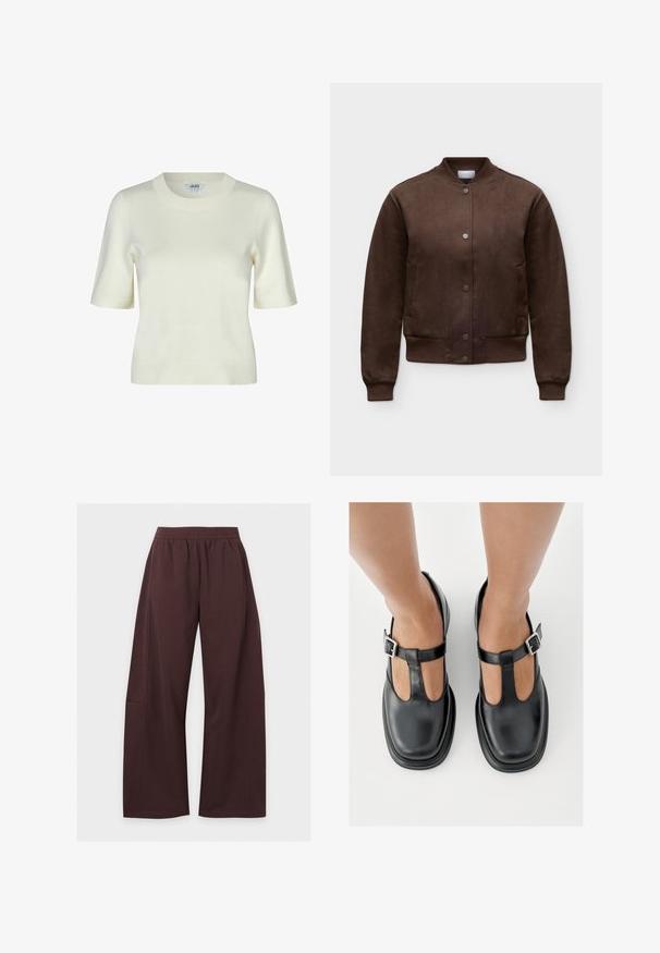 Veste bomber en daim marron avec boutons-pression, col, poignets et bas côtelés, présentée sur un fond clair uni.; Pull en maille à manches courtes de couleur écrue, avec un col rond et une texture lisse et douce. Design simple et classique.; Pantalon ample marron foncé avec taille élastique et poches latérales, présenté sur un fond clair uni.; Chaussures en cuir noir avec un design à bride en T, bout fermé et accents de boucles argentées. Texture lisse avec un bout arrondi et une semelle plate.