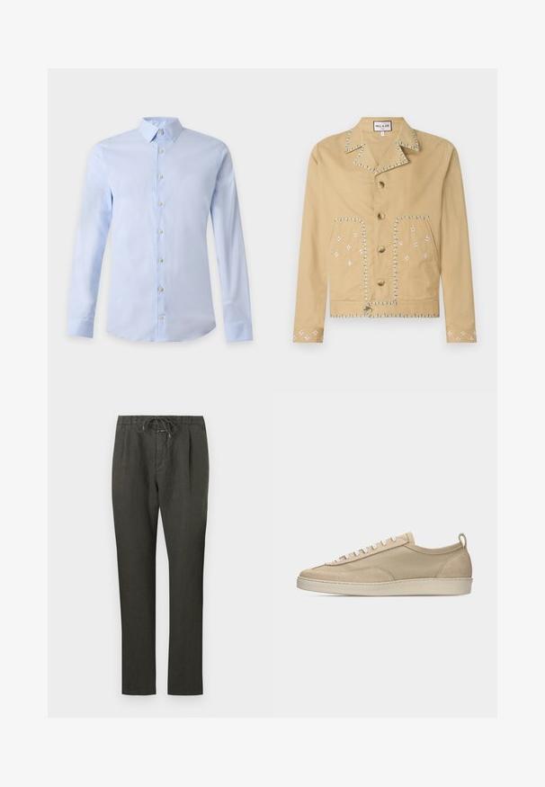 Tan katoenen jack met een gesneden kraag, vijf knopen en geborduurde bloemmotieven in wit en blauw op de zakken en mouwen.; Lichtblauw herenoverhemd met lange mouwen, klassieke kraag en witte knopen aan de voorkant op een effen achtergrond.; Donkergrijze linnen broek met een koordtaille. Rechte broekspijpen, lichtgewicht stof, minimale details en een gladde textuur.; Beige lage sneaker met bovenwerk van stof en suède, witte veters, rubberen zool en een lus aan de hiel, afgebeeld in zijaanzicht op een witte achtergrond.