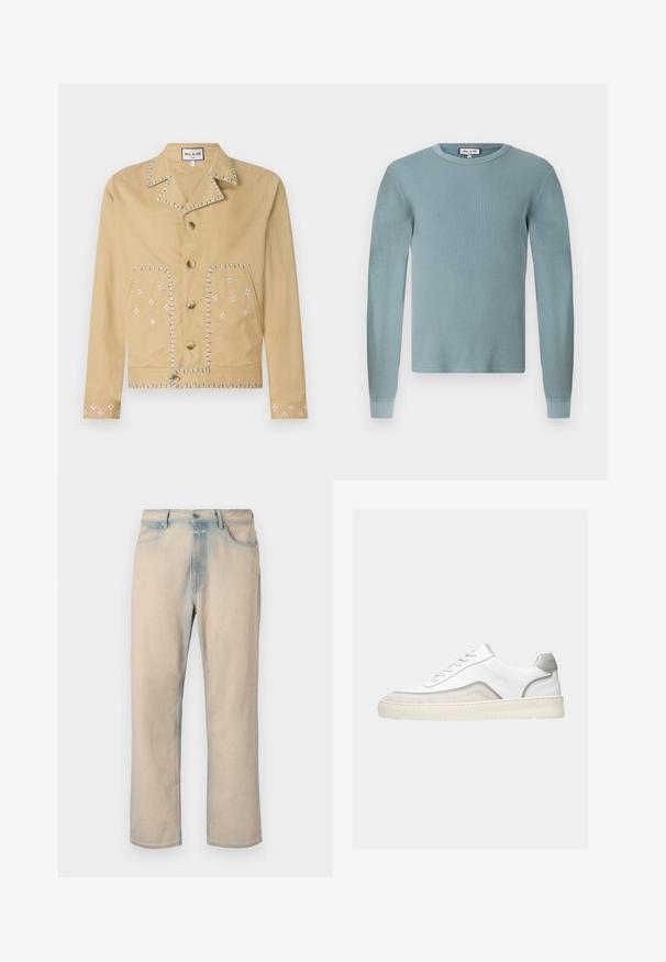 Tan katoenen jack met een gesneden kraag, vijf knopen en geborduurde bloemmotieven in wit en blauw op de zakken en mouwen.; Lichtblauw langemouwen shirt met een ribbeltextuur en een ronde halslijn. Heeft fitted manchetten en een eenvoudig merketiket op de kraag.; Licht beige denim jeans met een rechte pijpdesign, vervaagde blauwe accenten, vijf zakken en een knoopsluiting in de taille.; Witte lage sneaker met beige suède accenten, grijze rand, witte veters en een dikke off-white rubberen zool, zijaanzicht op een lichte achtergrond.