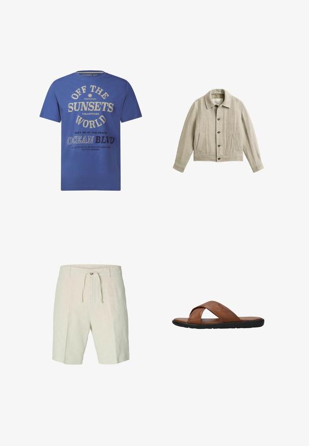 Beige jassenjack met kraag, twee voorzakken, lange mouwen en een rechte zoom, gemaakt van gestructureerde stof.; Blauwe T-shirt met korte mouwen, gemaakt van katoen, met geprinte tekst in crème en zwart, inclusief "OFF THE SUNSETS" en "OCEAN BLVD."; Linnen shorts in lichtbeige, met een trekkoord in de taille, voorplooien en twee zijzakken. Zachte textuur met een casual ontwerp.; Bruine leren sandaal met gekruiste banden, platte zwarte zool en 'bugatti' gegraveerd op het bovenste bandje, weergegeven in zijaanzicht tegen een witte achtergrond.