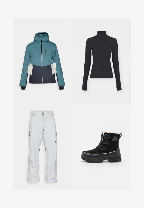 Turkis og sort jakke med en tætsiddende hætte, lynlås lukning og lynlåslommer. Har kontrasterende cremefarvede paneler og elastiske manchetter.; Sort ribbet turtle neck bluse med lange ærmer, tætsiddende pasform, glat tekstur og subtil stræk, designet til komfort og lagdeling.; Hvide snebukser lavet af vandtæt materiale, med sidelommer med lynlåse, knaplukning og logo-detaljer nær kanten.; Sorte vandtætte støvler med overdel af ruskind, for af kunstpels, tre øjer snøresystem, tyk gummisål og kontrasterende hvid trim.