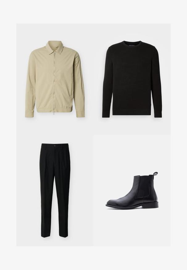 Veste légère beige à manches longues, col, et fermeture éclair argentée sur toute la longueur à l'avant, sur fond blanc.; Pull noir en mailles avec col rond, manches longues, tissu texturé, bords-côtes au niveau des poignets et de l'ourlet, avec un petit logo sur la poitrine.; Pantalon noir taille haute, ajusté, avec passants de ceinture, plis à l'avant, poches latérales et fermeture boutonnée avec zip.; Botte Chelsea en cuir noir avec panneau latéral élastique, languette de traction au talon, petit talon bloc et bout arrondi lisse sur fond blanc.
