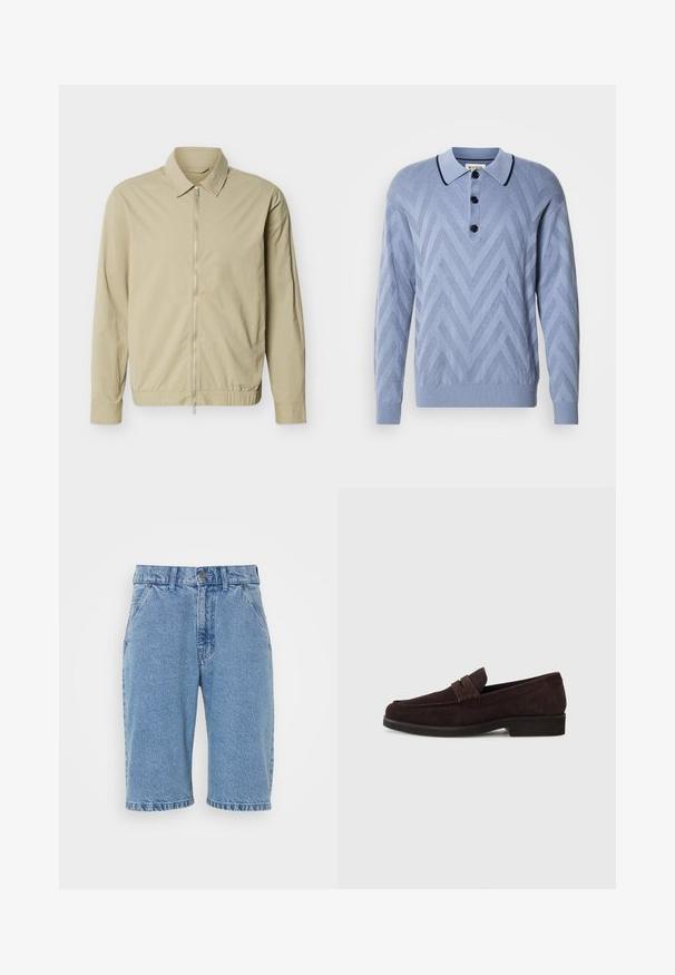 Beige letvægtsjakke med lange ærmer, krave og en sølvfarvet lynlås i fuld længde foran mod en hvid baggrund.; Lyseblå strikket polo med et chevronmønster, tre sorte knapper og en kontrasterende marineblå krave. Lange ærmer og ribbede manchetter.; Denimshorts i lys blå, med et klassisk fem-lomme design, knap- og lynlåslukning, rå kant og falmet tekstur.; Brune ruskinds loafers med lav profil og rund tå. Har en dekorativ rem over det øverste, flad gummisål og ingen synlig syning.