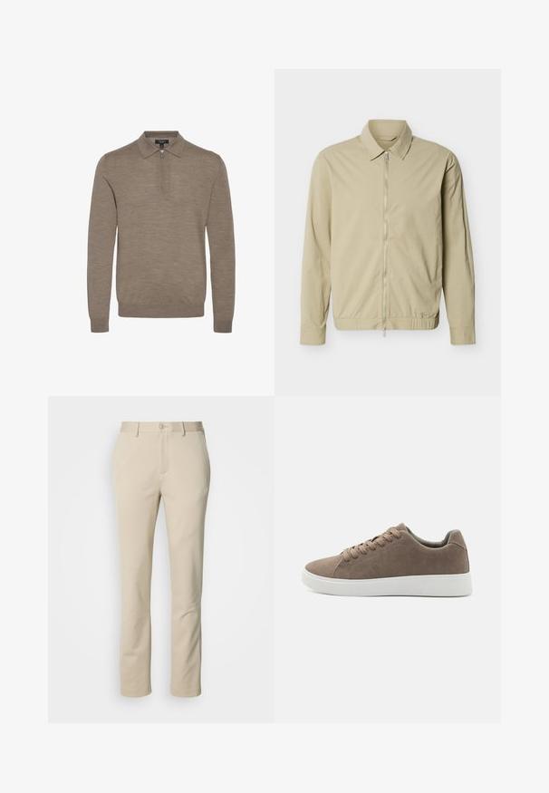 Beige lichtgewicht jack met lange mouwen, een kraag en een zilveren rits van boven tot onder aan de voorkant, tegen een witte achtergrond.; Lichtbruine pullover met een ritskraag, lange mouwen en een zachte textuur, gemaakt van fijn gebreid materiaal.; Beige katoenen broek met een recht ontwerp, een knoopsluiting en een vlakke voorkant. Het materiaal heeft een gladde textuur en minimale details.; Bruine suède sneakers met platte witte rubberen zolen, vetersluiting, ronde neus en een gladde textuur. Minimalistische stijl met subtiele stikdetails.