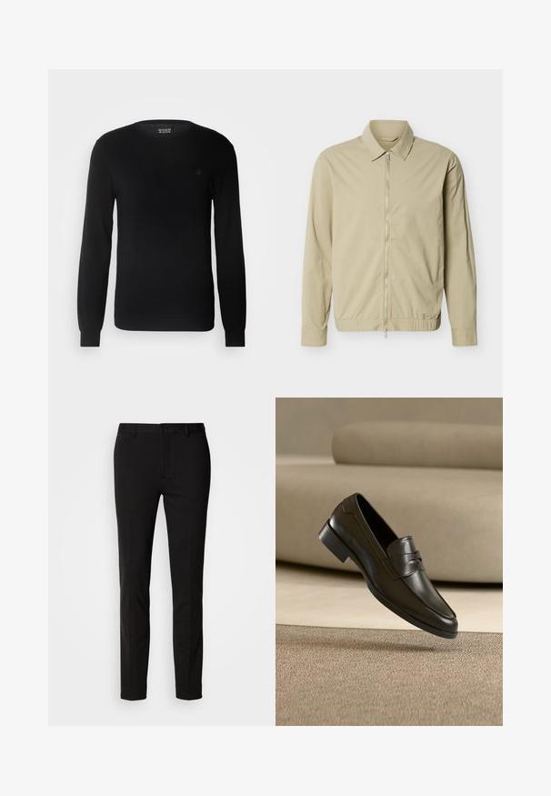 Veste légère beige à manches longues, col, et fermeture éclair argentée sur toute la longueur à l'avant, sur fond blanc.; Pull en maille noir avec un col rond, des manches longues et un petit logo brodé sur la poitrine. Texture douce et coupe ajustée.; Pantalon noir à coupe ajustée, avec une fermeture à bouton et des passants de ceinture. Fabriqué en tissu lisse avec un léger éclat, sans motifs visibles.; Mocassin en cuir noir flottant au-dessus d'un tapis beige avec un canapé beige en arrière-plan, mettant en valeur le design classique pour hommes sans lacets.