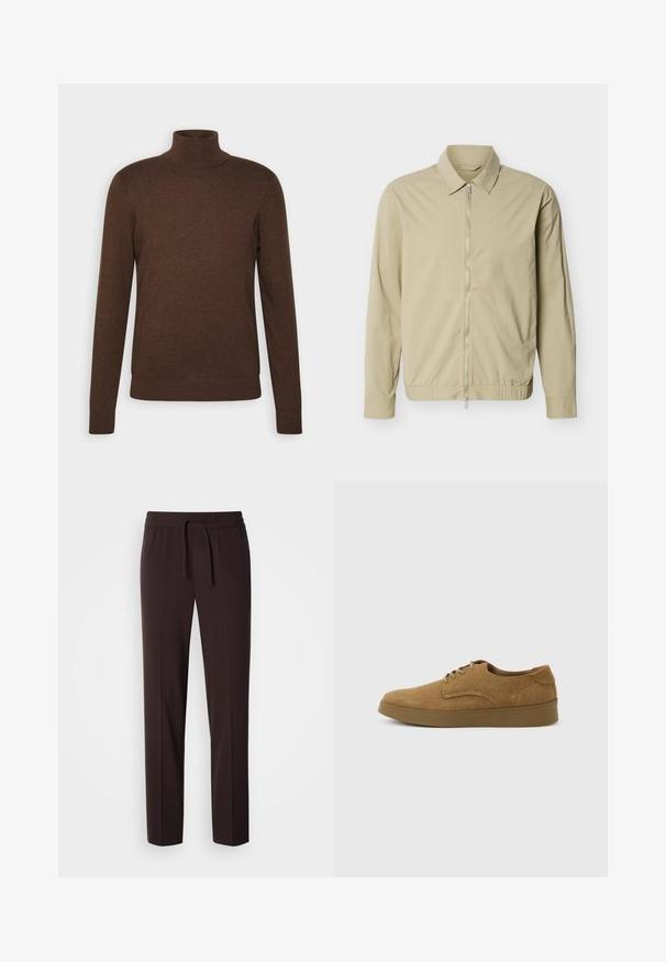 Chaqueta ligera de color beige con mangas largas, cuello y cremallera plateada de largo completo en la parte delantera sobre un fondo blanco.; Suéter marrón de cuello de tortuga hecho de material suave, con mangas largas, un diseño ajustado y detalles acanalados en el cuello y el dobladillo.; Pantalones marrones, ligeros y entallados, con cintura elástica y cordón ajustable. Textura suave y diseño minimalista, adecuados para uso casual.; Zapato casual marrón de ante con cordones y suela de goma plana, visto de lado sobre un fondo claro y liso.