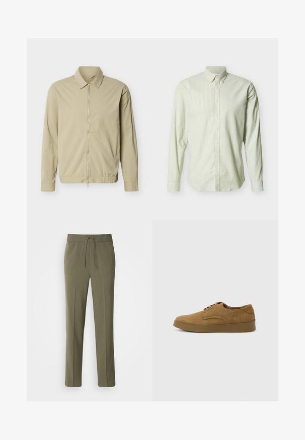 Veste légère beige à manches longues, col, et fermeture éclair argentée sur toute la longueur à l'avant, sur fond blanc.; Chemise à manches longues boutonnée avec des rayures verticales vert clair et blanches, col boutonné, sur un fond uni.; Pantalons légers couleur vert olive avec une taille élastique et un cordon de serrage réglable ; design à jambe droite et texture lisse.; Chaussure décontractée à lacets en daim marron avec semelle en caoutchouc plate, vue de côté sur un fond clair uni.