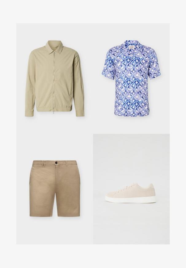 Veste légère beige à manches longues, col, et fermeture éclair argentée sur toute la longueur à l'avant, sur fond blanc.; Chemise à manches courtes boutonnée avec un motif circulaire géométrique bleu et blanc et un col classique.; Short beige longueur genou avec passants de ceinture, bouton sur le devant et fermeture éclair sur fond clair uni.; Baskets en daim beige avec semelles en caoutchouc blanc, bout rond et six œillets pour les lacets. Texture lisse avec un design minimaliste.