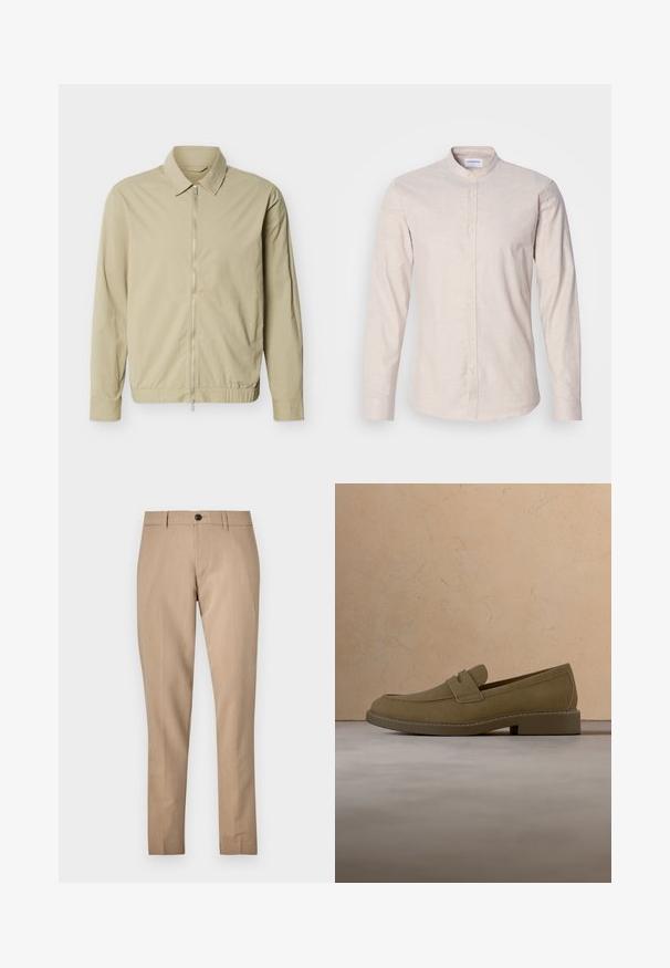 Beige letvægtsjakke med lange ærmer, krave og en sølvfarvet lynlås i fuld længde foran mod en hvid baggrund.; Lys beige langærmet skjorte med knapper og mandarin krave, vist frontalt mod en stræk hvid baggrund.; Beige skræddersyede bukser lavet af en glat stof, med knaplukning, bæltestropper og slank pasform med lige ben.; Brun mokkalærreds loafersko svæver over et tekstureret beige tæppe i en stue med et træ sofabord og stabler af bøger.