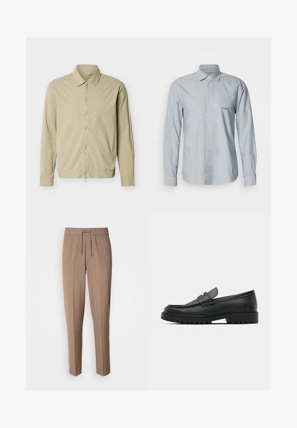 Beige lichtgewicht jack met lange mouwen, een kraag en een zilveren rits van boven tot onder aan de voorkant, tegen een witte achtergrond.; Blauw-wit gestreept shirt met lange mouwen van katoenen stof, voorzien van een button-down kraag en een klein geborduurd logo op de linkerborst.; Bruine, geweven stoffen broek met een relaxte pasvorm, trekkoord taille en plooien aan de voorkant. Rechte pijpen en geen zichtbare zakken of hardware.; Zwarte leren instappers met een ronde neus, voorzien van een gestikt ontwerp, een lage platformzool en een gestructureerde, grof rubberen buitenzool.