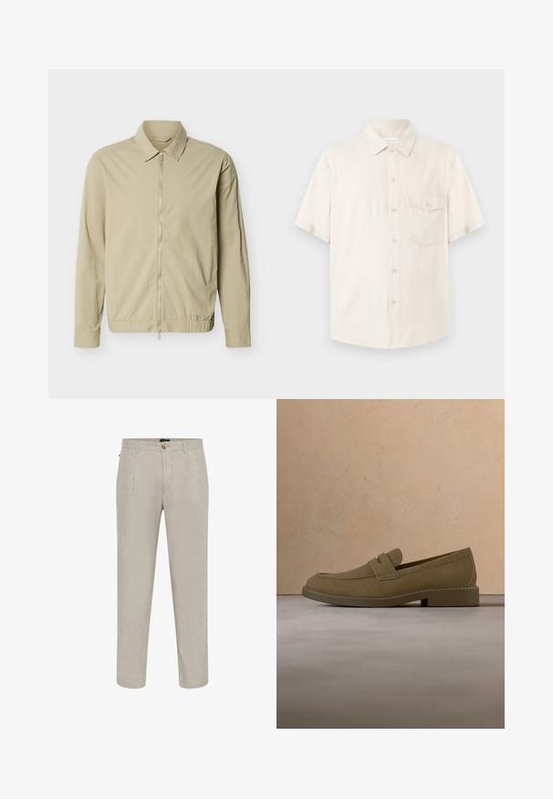 Beige letvægtsjakke med lange ærmer, krave og en sølvfarvet lynlås i fuld længde foran mod en hvid baggrund.; Kortærmet beige skjorte med knapper, spids krave og enkelt brystlomme med knap, vist fladt på en lys baggrund.; Beige linnedragtbukser med struktureret overflade, der har en lige ben-design, to frontlommer og en knaplukning ved taljen.; Brun mokkalærreds loafersko svæver over et tekstureret beige tæppe i en stue med et træ sofabord og stabler af bøger.