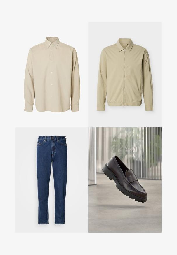 Beige letvægtsjakke med lange ærmer, krave og en sølvfarvet lynlås i fuld længde foran mod en hvid baggrund.; Beige langærmet skjorte med knapper, spids krave og knappede manchetter, vist mod en ensfarvet hvid baggrund.; Mørkeblå jeans lavet af denim, med lige ben, fem-lommer stil og synlige syninger langs sømmene.; Brun lædersko uden snørebånd med rundet tå og solid sort gummisål. Har en dekorativ rem hen over vristen.