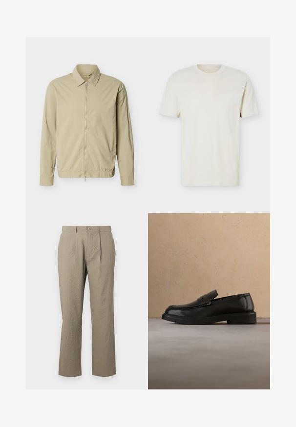 Veste légère beige à manches longues, col, et fermeture éclair argentée sur toute la longueur à l'avant, sur fond blanc.; T-shirt à manches courtes couleur blanc cassé uni avec col rond et logo discret sur le côté gauche de la poitrine, présenté sur un fond blanc uni.; Pantalons beiges avec une surface texturée, présentant une coupe droite, des plis à l'avant et une fermeture à bouton unique à la taille.; Mocassin en cuir noir flottant au-dessus d'un tapis tissé beige avec une table ronde en bois et un canapé en arrière-plan.