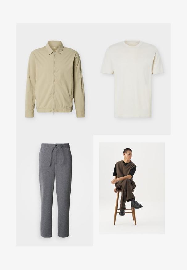 Veste légère beige à manches longues, col, et fermeture éclair argentée sur toute la longueur à l'avant, sur fond blanc.; T-shirt à manches courtes couleur blanc cassé uni avec col rond et logo discret sur le côté gauche de la poitrine, présenté sur un fond blanc uni.; Pantalons de survêtement gris en tissu doux, dotés d'une taille élastique avec cordon de serrage, de jambes droites et d'un design simple et épuré.; Gilet en tricot marron sur un t-shirt noir, associé à un pantalon large marron et des chaussures noires à semelles épaisses, assis sur un tabouret en bois.