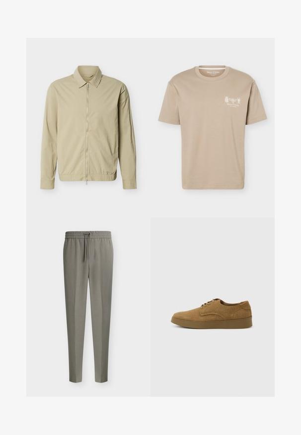Beige leichte Jacke mit langen Ärmeln, einem Kragen und einem durchgehenden silbernen Reißverschluss vorne vor weißem Hintergrund.; Beiges T-Shirt mit kurzen Ärmeln und rundem Ausschnitt, mit kleinen Insektengrafiken und „Marc O'Polo“-Logo auf der linken Brust.; Hellgraue Herren-Anzugshosen mit schmal zulaufenden Beinen und einem elastischen Bund mit vorderem Kordelzug.; Brauner Wildleder-Schnürschuh für den Alltag mit flacher Gummisohle, von der Seite auf hellem, einfachem Hintergrund gesehen.