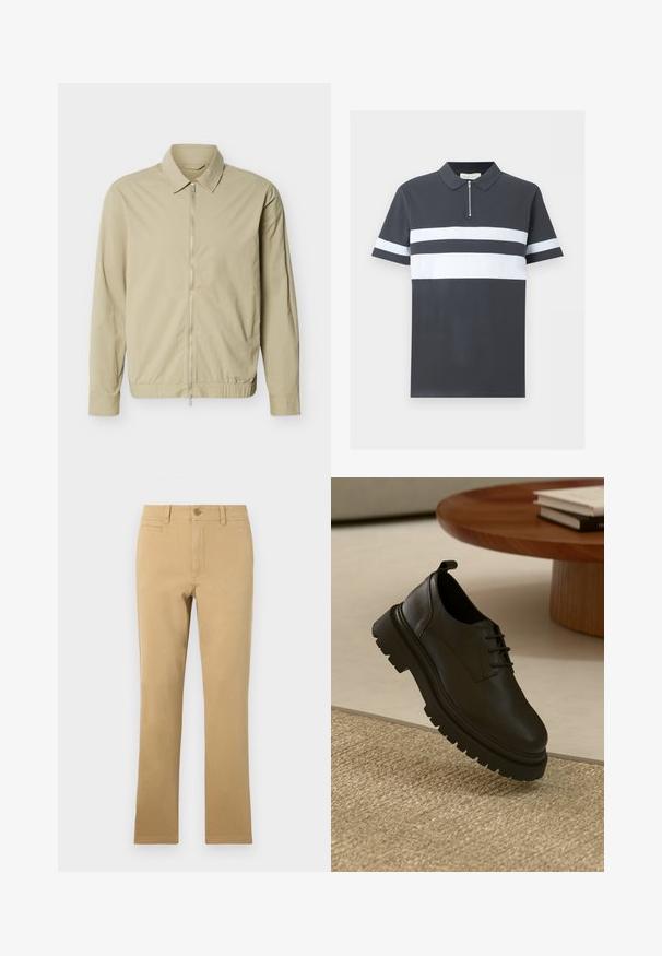 Chaqueta ligera de color beige con mangas largas, cuello y cremallera plateada de largo completo en la parte delantera sobre un fondo blanco.; Polo gris oscuro de manga corta con cuello, cremallera frontal y dos rayas horizontales blancas en el pecho y las mangas.; Pantalones de pierna recta de color caqui, hechos de algodón, con cierre de botón, bolsillos frontales y una textura suave.; Zapato de cuero negro con una superficie texturizada, punta redonda, diseño de cordones y una suela de goma negra gruesa. Flotando sobre una alfombra de yute.