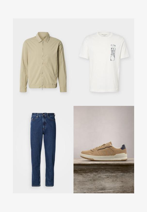 Beige lichtgewicht jack met lange mouwen, een kraag en een zilveren rits van boven tot onder aan de voorkant, tegen een witte achtergrond.; Witte T-shirt met korte mouwen, ronde hals en een zwart abstract rechthoekig patroon op de linkerborst.; Donkerblauwe spijkerbroek gemaakt van denim, met een rechte pijp, vijfzakkenontwerp en zichtbare stiksels langs de naden.; Beige suède sneaker met een witte rubberen zool, voorzien van beige veters, marineblauwe accenten en geperforeerde details op de toe box.