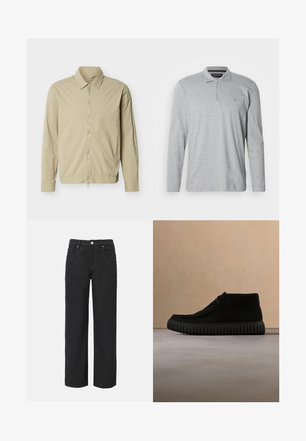 Veste légère beige à manches longues, col, et fermeture éclair argentée sur toute la longueur à l'avant, sur fond blanc.; Polo gris à manches longues en tissu doux, équipé d'une fermeture éclair à moitié, d'un col classique et d'un petit logo sur la poitrine.; Pantalons larges noirs en coton avec quatre poches, fermeture à bouton à l'avant et un design en denim classique. Texture lisse, sans motifs visibles.; Bottes de cheville noires en matériau doux, avec un bout rond, un lacet minimal, et une semelle en caoutchouc texturée comportant des rainures verticales.
