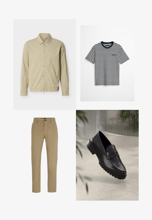 Beige lichtgewicht jack met lange mouwen, een kraag en een zilveren rits van boven tot onder aan de voorkant, tegen een witte achtergrond.; Navyblauw en wit horizontaal gestreept T-shirt met korte mouwen, een navyblauwe kraag en een klein Marc O’Polo-logo op de borst.; Beige katoenen chinos met een slim fit, platte voorkant en een knoopsluiting. Voorzien van ceintuurlussen en zijzakken voor functionaliteit.; Bruine leren loafers met een getextureerde, geribbelde rubberen zool. Beschikt over een slank ontwerp en een decoratieve band over de wreef.