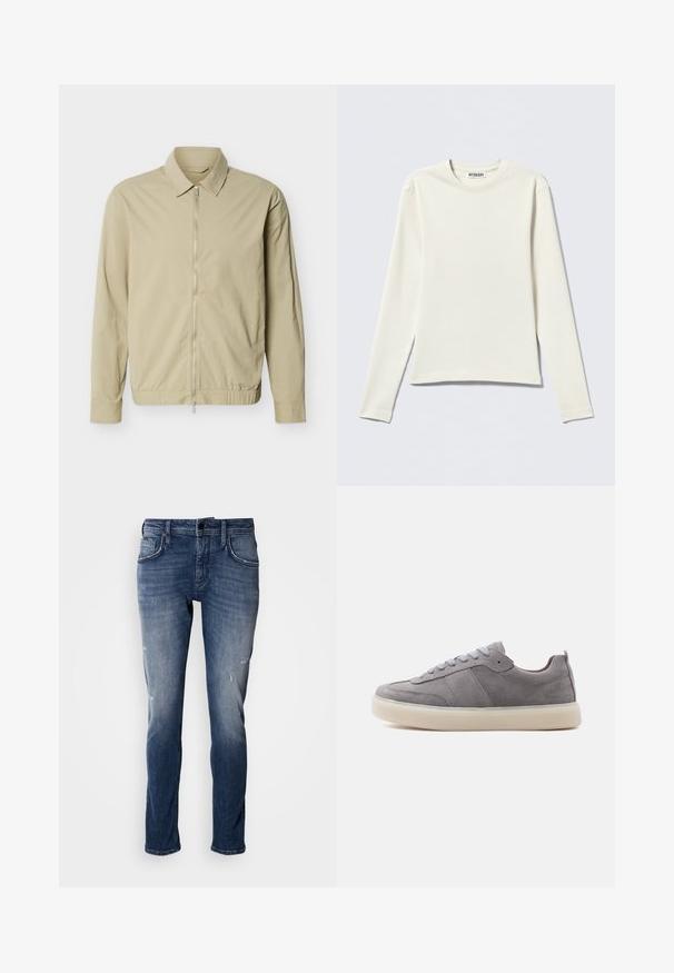 Beige leichte Jacke mit langen Ärmeln, einem Kragen und einem durchgehenden silbernen Reißverschluss vorne vor weißem Hintergrund.; Cremefarbenes, langärmliges Rippenstrickshirt mit Rundhalsausschnitt, flach auf hellem Hintergrund ausgebreitet, mit einem kleinen WEEKDAY Markenlabel.; Antony Morato KURT COMFORT - Jeans Tapered Fit - blue denim; Grauer Wildleder-Sneaker in Low-Top-Form mit weißer Gummisohle und grauen Schnürsenkeln, seitlich auf weißem Hintergrund dargestellt.