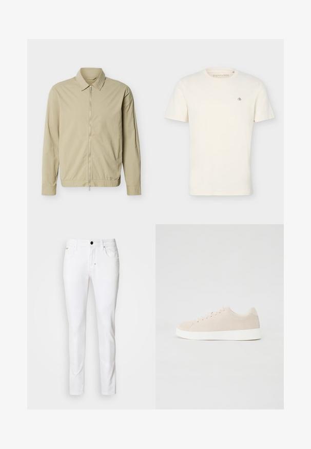 Beige leichte Jacke mit langen Ärmeln, einem Kragen und einem durchgehenden silbernen Reißverschluss vorne vor weißem Hintergrund.; Schlichtes off-white Kurzarm-T-Shirt mit Rundhalsausschnitt und kleinem "Scotch & Soda"-Logo auf der oberen linken Brust.; Weiße Jeans im Denim-Stil mit geradem Bein, klassischem Fünf-Taschen-Design, Metallknopfverschluss und subtilen Steppdetails.; Beige Wildlederschuhe mit weißen Gummisohlen, runder Zehenform und sechs Ösen für die Schnürsenkel. Glatte Textur mit minimalistischem Design.