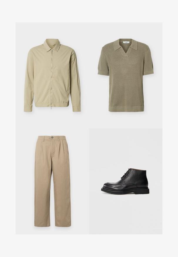 Beige lichtgewicht jack met lange mouwen, een kraag en een zilveren rits van boven tot onder aan de voorkant, tegen een witte achtergrond.; Korte mouwen olijfgroen gebreid poloshirt met gestructureerd patroon en V-halskraag, gemaakt door Marc O'Polo Denim.; Beige hoge taille broeken met plooien, riemlussen, knoopsluiting en rechte pijpen op een witte achtergrond.; Zwarte leren enkellaars met vetersluiting, ronde neus en dikke rubberen zool tegen een effen witte achtergrond.
