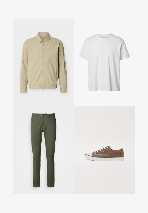 Beige letvægtsjakke med lange ærmer, krave og en sølvfarvet lynlås i fuld længde foran mod en hvid baggrund.; Enkelt hvid T-shirt med korte ærmer og rund hals, løs pasform og uden synlige logoer eller designs foran.; Olivenfarvede bukser lavet af bomuldsblanding, med klassisk lige pasform, fem lommer og metalknaplukning. Glat tekstur.; Brune kanvas sneakers med hvide snørebånd, gummitåspids og kontrasterende tan-detaljer på hælen, med et lille tricolor-emblem.
