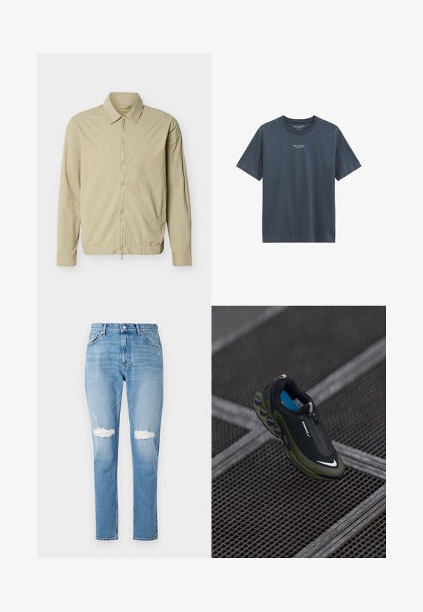 Beige leichte Jacke mit langen Ärmeln, einem Kragen und einem durchgehenden silbernen Reißverschluss vorne vor weißem Hintergrund.; Dunkelblaues T-Shirt mit kurzen Ärmeln und Rundhalsausschnitt, mit kleinem weißem "Marc O'Polo"-Logo mittig auf der Brust und im Krageninneren.; Hellblaue Jeans aus Denim mit geradem Bein, verwaschenen Knieöffnungen und einem Fünf-Taschen-Design mit einem vorderen Knopfverschluss.; Schwarze und olivfarbene Nike Air Max Schuhe mit einem glatten Obermaterial, Reißverschluss und auffälligen Luftpolsterelementen in der Sohle. Blaue Innensohle sichtbar.
