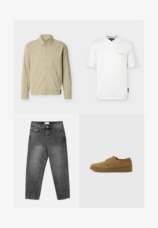 Beige letvægtsjakke med lange ærmer, krave og en sølvfarvet lynlås i fuld længde foran mod en hvid baggrund.; Hvid polo med korte ærmer med to knapper og "Marc O’Polo" broderet på venstre bryst.; Sorte vasket straight-leg jeans med for- og baglommer, bæltestropper og knaplukning i taljen.; Brun ruskindslærredsko med snørebånd og flad gummisål, set fra siden på en ensfarvet lys baggrund.