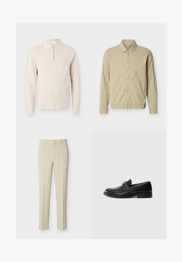 Veste légère beige à manches longues, col, et fermeture éclair argentée sur toute la longueur à l'avant, sur fond blanc.; Pull beige à manches longues avec un col et une courte fermeture éclair à l’avant, présenté sur un fond blanc.; Pantalon beige coupé droit avec passants de ceinture et fermeture éclair à l'avant, présenté sur un fond clair uni.; Mocassins en cuir noir avec une finition lisse, dotés d'une bande supérieure texturée, d'un talon bas et de détails de couture minimalistes.